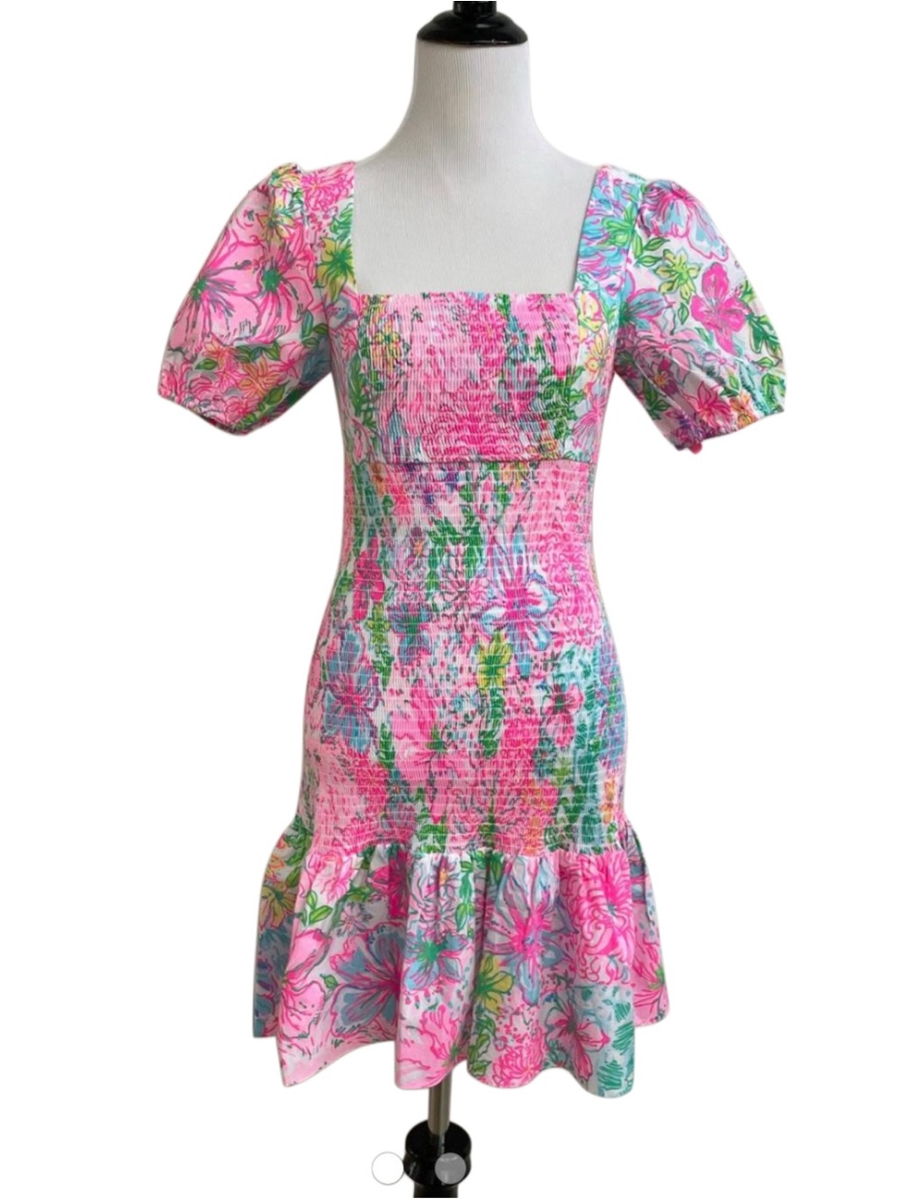 Lilly Pulitzer Evelina Pink Multicolor Floral Smocked Puff Sleeve Mini Dress S